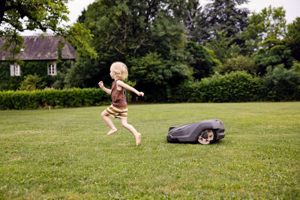 Little boy  in garden with robot lawn mower